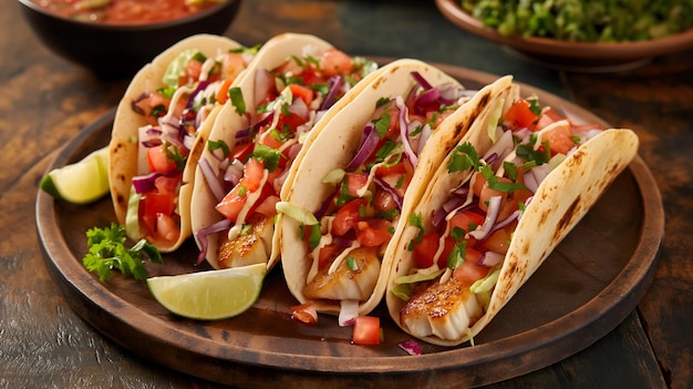 Deliciosos tacos de frango com legumes e ervas frescas