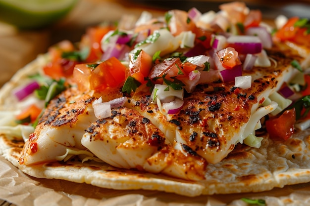 Deliciosos tacos de peixe com repolho Fotografia de comida mexicana perfeita