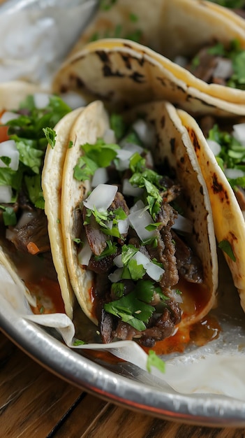 Deliciosos tacos de filete a la parrilla con verduras frescas y cuñas de lima