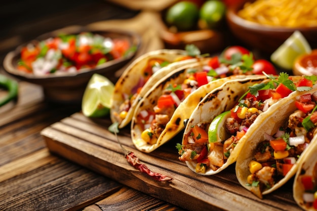 Foto deliciosos tacos llenos de carne y verduras dispuestos en una tabla de madera rústica cocina mexicana sabrosa y satisfactoria