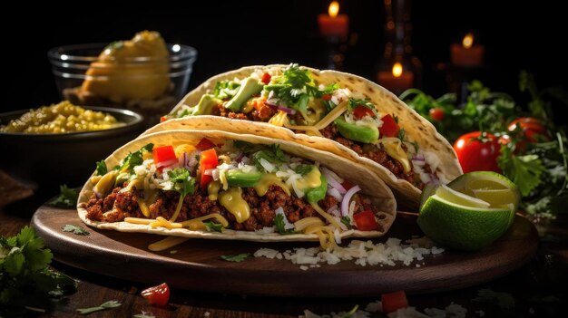 Deliciosos tacos llenos de verduras y carne en un plato con un fondo borroso