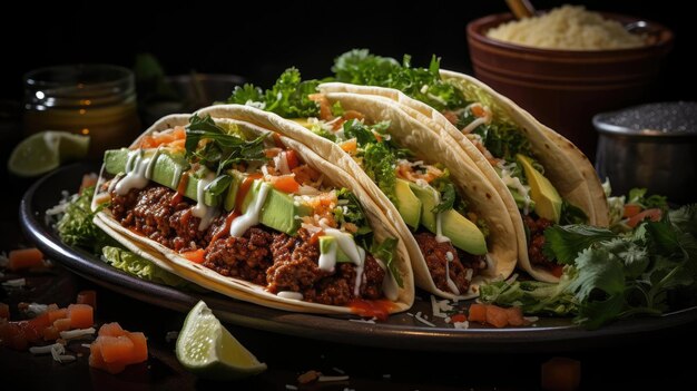 Deliciosos tacos llenos de verduras y carne en un plato con un fondo borroso