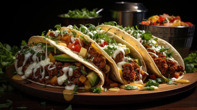 Foto deliciosos tacos llenos de verduras y carne en un plato con un fondo borroso