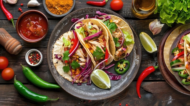Deliciosos tacos mexicanos con carne, frijoles y verduras sobre un fondo oscuro