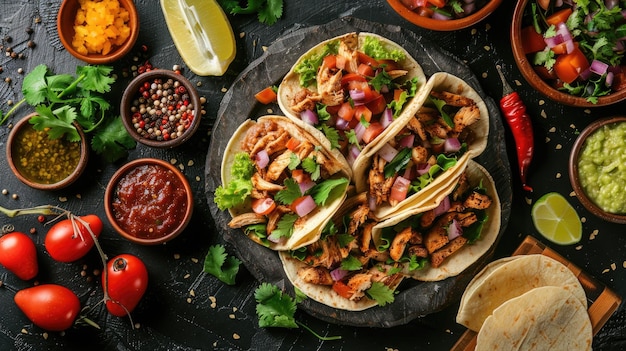 Deliciosos tacos mexicanos con carne, frijoles y verduras sobre un fondo oscuro