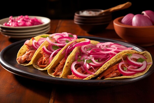 Deliciosos tacos mexicanos Cochinita Pibil com cebolas em conserva