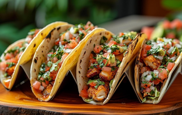 Deliciosos tacos de pescado mexicano en bandeja de madera 5 pilas