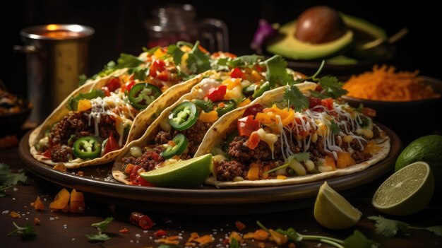 Deliciosos tacos recheados com legumes e carne em um prato com fundo desfocado