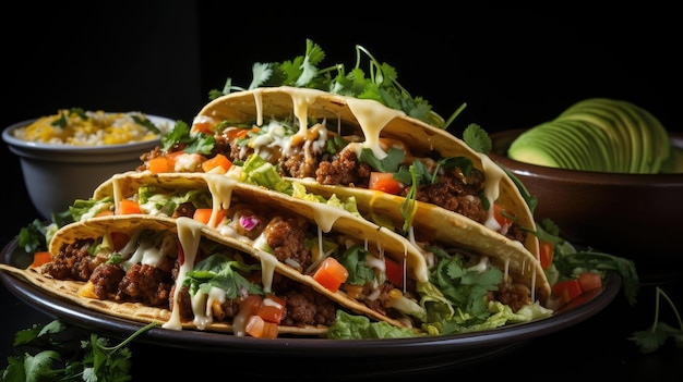 Deliciosos tacos rellenos de verduras y carne en un plato con un fondo borroso