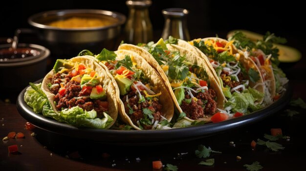 Deliciosos tacos rellenos de verduras y carne en un plato con un fondo borroso