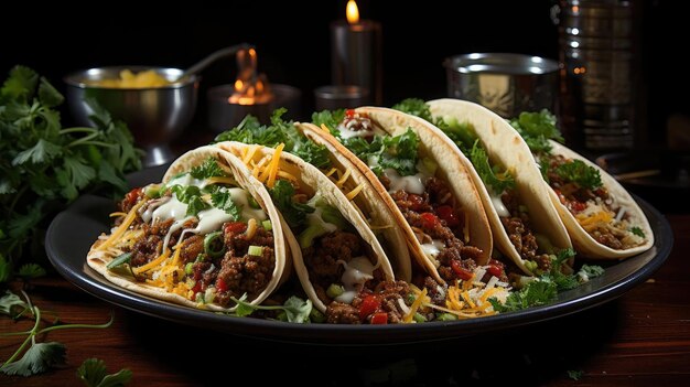 Deliciosos tacos rellenos de verduras y carne en un plato con un fondo borroso