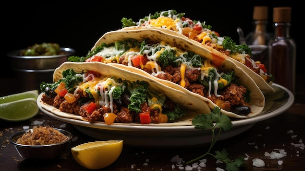 Deliciosos tacos rellenos de verduras y carne en un plato con un fondo borroso