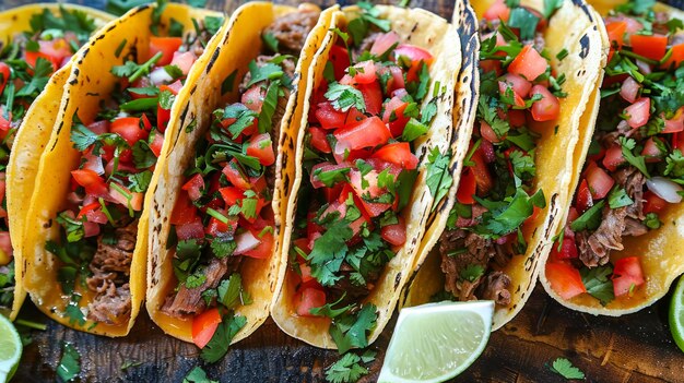 Deliciosos tacos variados com ingredientes frescos em uma mesa de madeira rústica para um autêntico mexicano