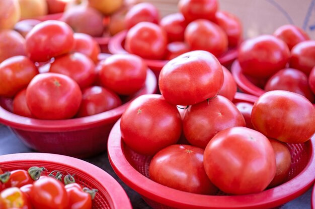 Deliciosos tomates frescos alimentos vegetais de frutas em cesta de plástico vermelho na tarde do mercado de tradição seul coreia do sul conceito de colheita fechar