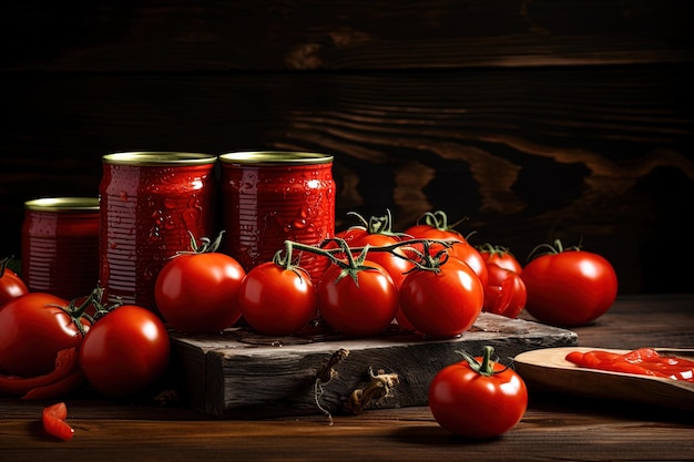 Deliciosos tomates frescos y enlatados sobre una mesa de madera