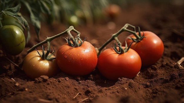 Deliciosos tomates maduros que crecen en suelo fértil