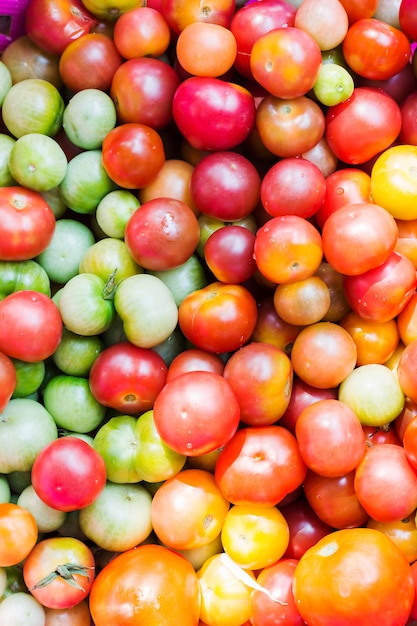 Deliciosos tomates vermelhos. Uma pilha de tomates. Tomates frescos.