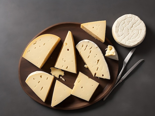 Deliciosos trozos de queso sobre plato de madera con cuchillos sobre fondo oscuro