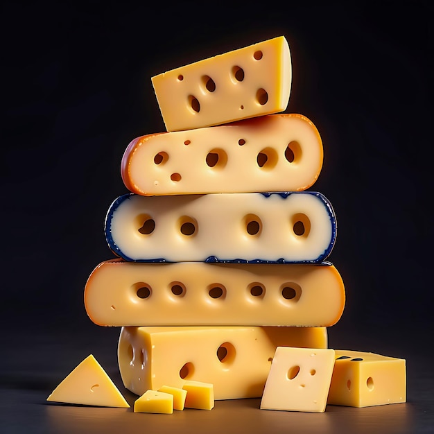 Deliciosos trozos de queso en una tabla de madera sobre fondo oscuro IA generativa