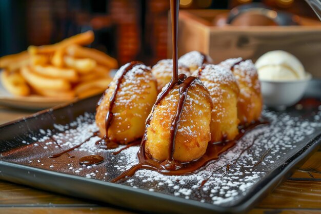 Deliciosos Twinkies fritos con salsa de chocolate servidos con helado y en polvo