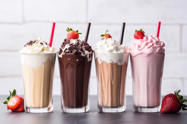 Deliciosos vasos de batido con diferentes sabores batido con chocolate vainilla y paja