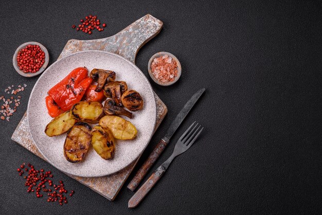 Foto deliciosos vegetais suculentos grelhados batatas tomates pimentas berinjela