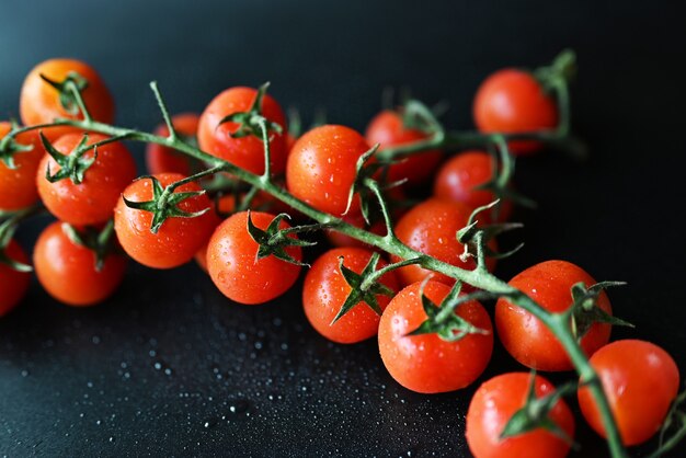 Deliciosos vegetales tomates cherry rojos en una rama sobre un fondo negro