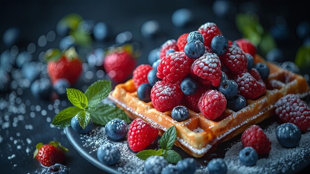 Deliciosos waffles belgas assados com bagas e frutas num prato
