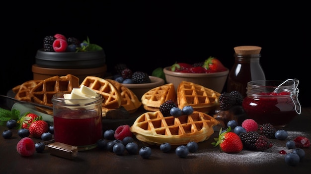 Deliciosos waffles belgas com chantilly de frutas silvestres e vários recheios docesGenerative AI