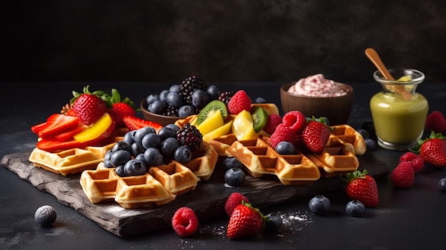 Deliciosos waffles belgas com chantilly de frutas silvestres e vários recheios docesGenerative AI