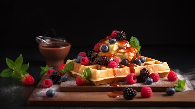 Deliciosos waffles belgas com chantilly de frutas silvestres e vários recheios docesGenerative AI