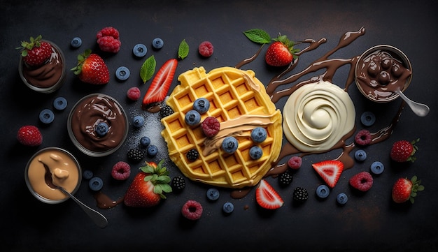 Deliciosos waffles belgas com chantilly de frutas silvestres e vários recheios docesGenerative AI