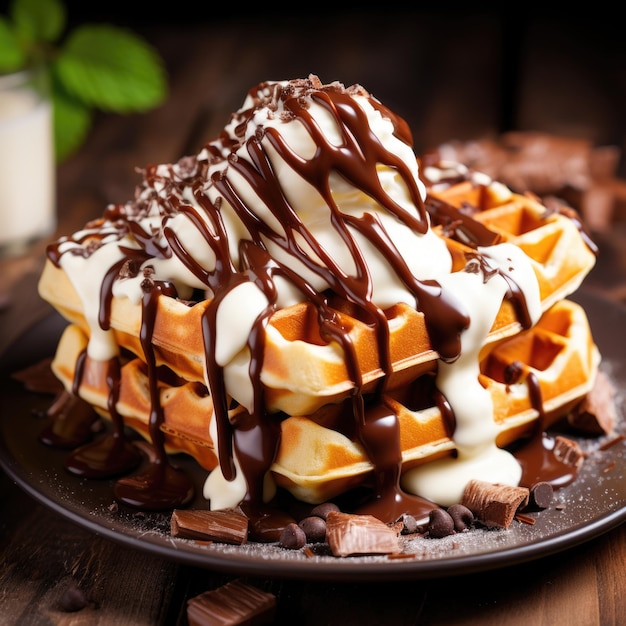 Deliciosos waffles belgas con crema y chocolate