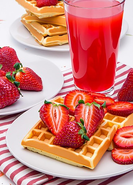 Deliciosos waffles com morangos e suco