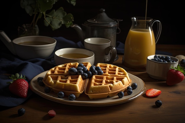 Deliciosos waffles dourados com frutas e café generativo IA