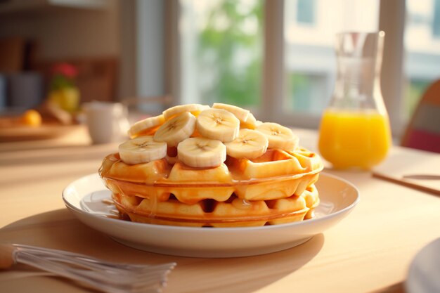 Deliciosos waffles con plátano en una mesa de madera Desayuno dulce generado por IA