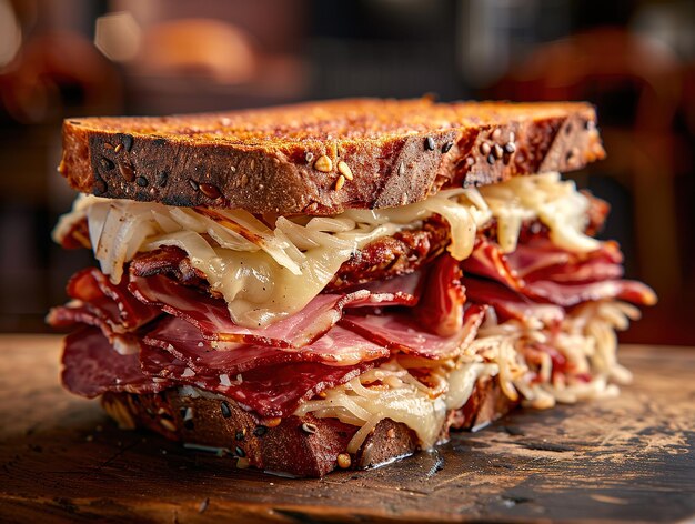 Foto delicious reuben sandwich fotografie explosion geschmacksrichtungen studio beleuchtung studio hintergrund gut beleuchtet lebendige farben scharfer fokus hochwertige künstlerische einzigartige preisgekrönte fotografie