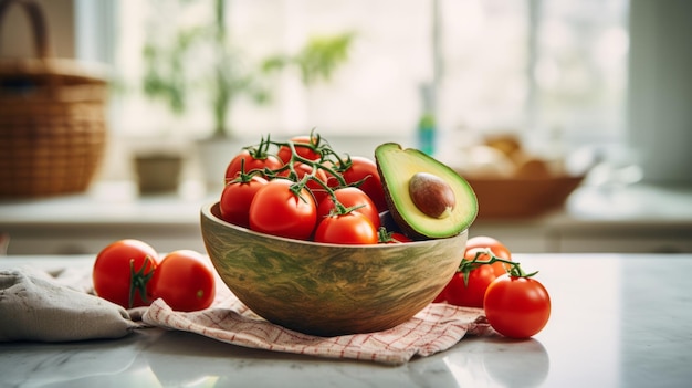 Delicious Tomato and Avocado Food Combination Fotorealistische horizontale Illustration Frischer Gemüsesalat Ai Erzeugte helle Illustration mit köstlicher aromatischer Tomate und Avocado