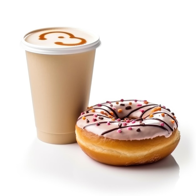 Delicious Treat Donut y taza de papel sobre un fondo blanco