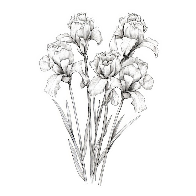 Foto delikate linienzeichnungen von irisblumen auf weißem hintergrund