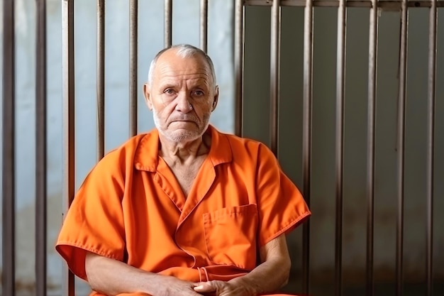 Foto un delincuente anciano con uniforme naranja se sienta en la cama de la prisión y piensa en la libertad un prisionero cumple una pena de prisión en una celda un recluso culpable en un centro de detención o un centro correccional