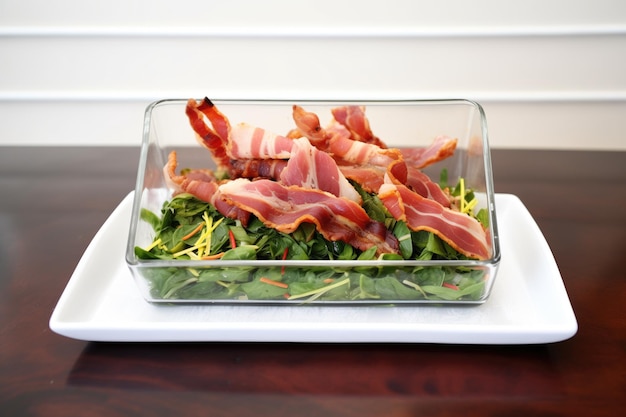 Delistyle-Spinat-Speck-Salat in einer durchsichtigen Vitrine