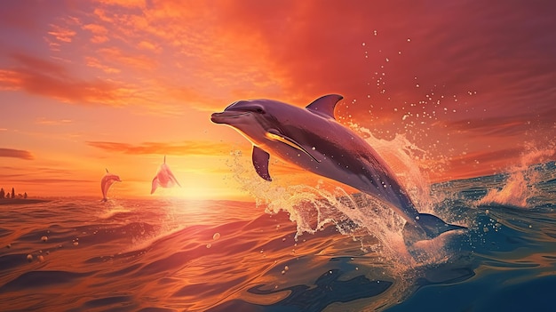 Delphin im Meer mit wunderschönem Sonnenuntergangshimmel Generative KI