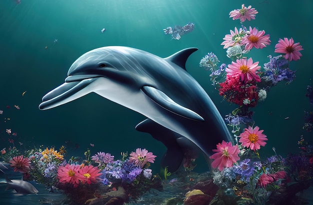 Delphin im Wasser mit Blumen