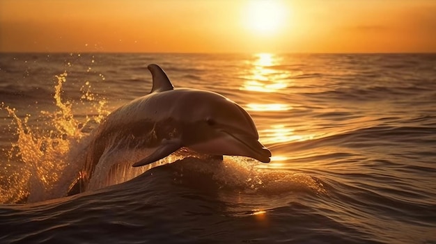 Foto delphin springt bei sonnenuntergang aus dem wasser