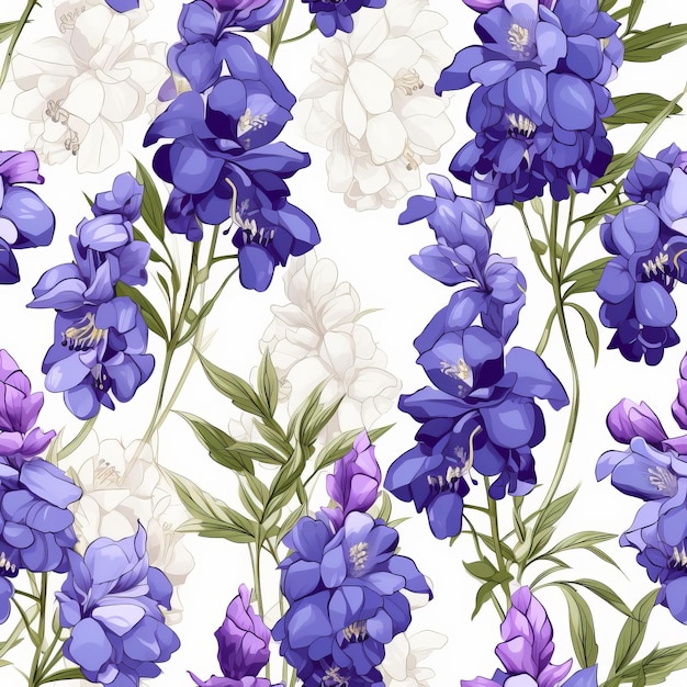 Delphinium Flowers Retro Patrón sin costuras con múltiples colores