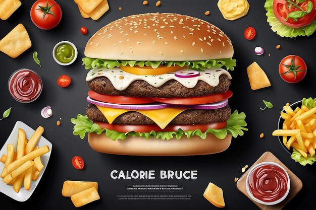 Deluxe-King-Size-Burger-Werbung mit leckeren Toppings auf Tafelhintergrund in 3D-Illustration