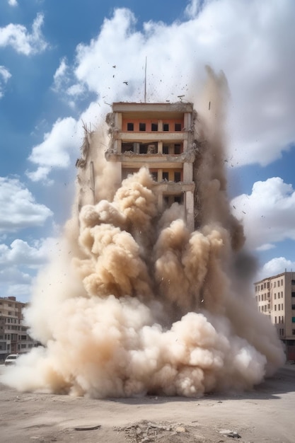 Demolição de um edifício antigo com nuvem de poeira criada com ai gerativa