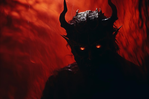 Foto un demonio con cuernos y ojos rojos en la oscuridad