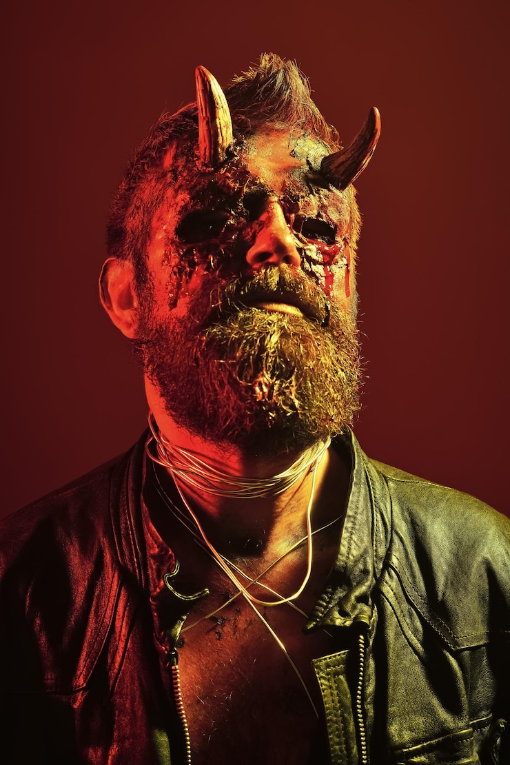 Foto demônio de homem de halloween em fundo vermelho